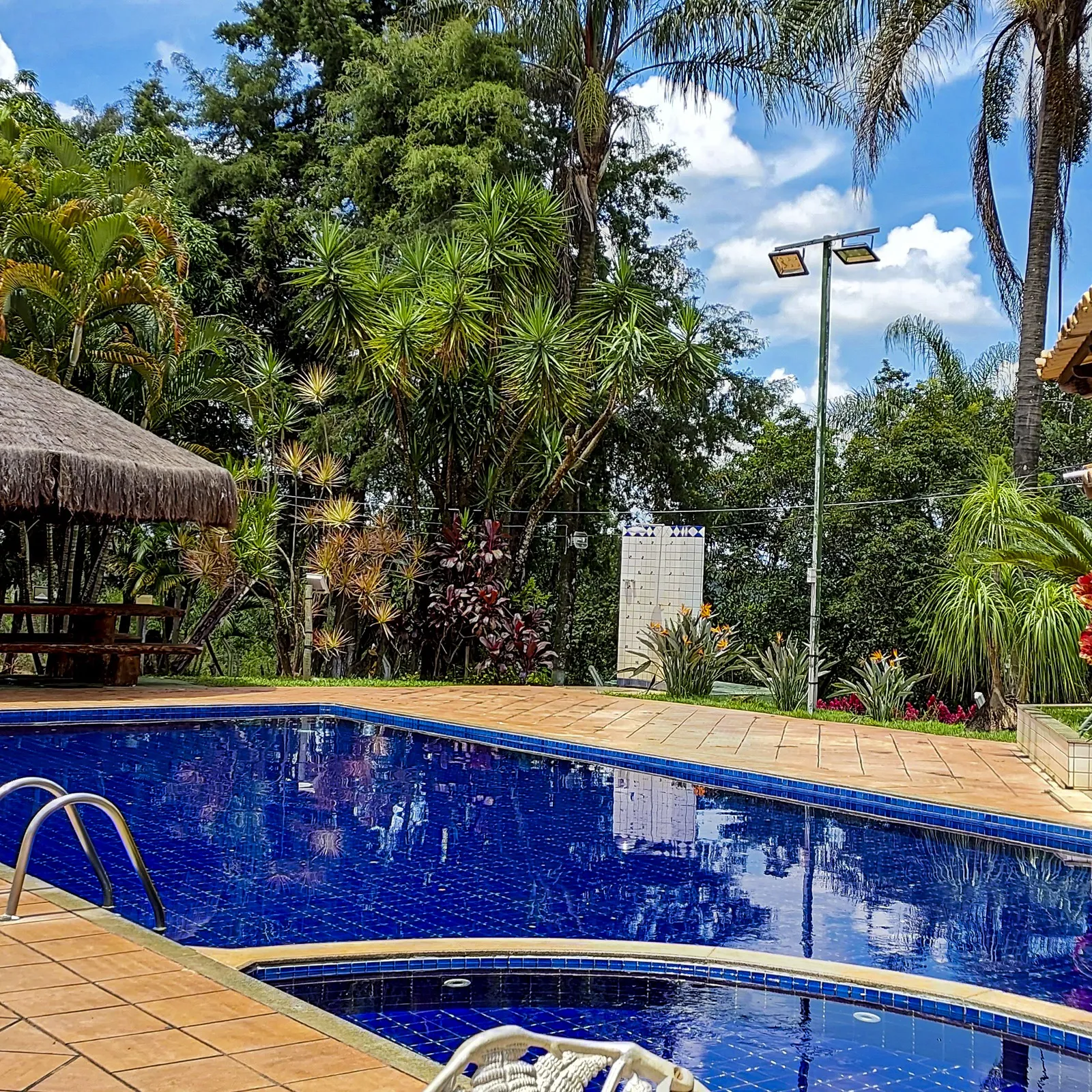 Piscina com o quiosque de piaçava e a área gourmet ao fundo