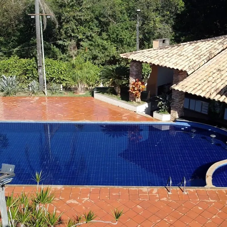 Piscina ensolarada com trampolim, cercada de área verde